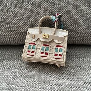 Baby Birkin Style Cream Mini Bag  Earbud Case with Mini Twilly